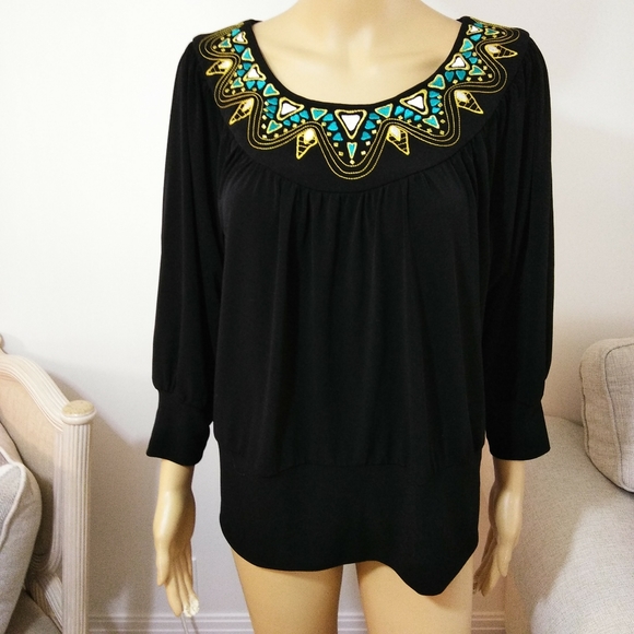 Tops - Bob Mackie Black Embroidered Tunic Sz Lg